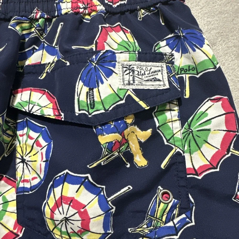 POLO‎ RALPH LAUREN Swim Trunks Shorts Men's S Blue Bear Umbrella Elastic & Lined